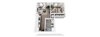 A 3D floor plan of a small apartment with a kitchen, living room, and bathroom.