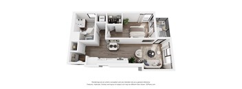 A 3D floor plan of a house with a living room, kitchen, and two bedrooms.
