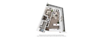 A 3D floor plan of a small apartment with a kitchen, living room, and bathroom.