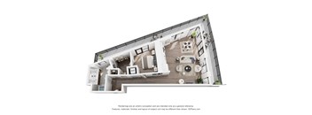 A 3D floor plan of a house with a kitchen, living room, and bathroom.
