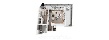 A black and white image of a small apartment with a kitchen, living room, and bathroom.