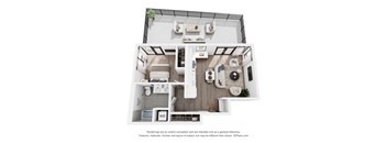 A 3D floor plan of a house with a kitchen, living room, and bathroom.