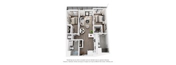A 3D floor plan of a small apartment with a kitchen, living room, and bathroom.