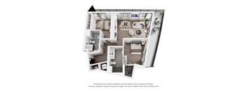 A 3D floor plan of a house with labeled rooms.