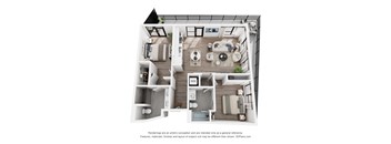 A 3D floor plan of a house with a kitchen, living room, dining room, and two bedrooms.