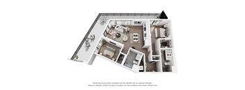 A 3D floor plan of a house with a kitchen, living room, and two bedrooms.