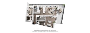 A 3D floor plan of a modern apartment with a kitchen, living room, and bedrooms.
