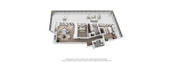 A 3D floor plan of a house with a kitchen, living room, and two bedrooms.