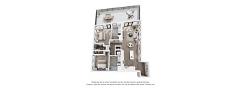 A 3D floor plan of a house with a kitchen, living room, and bathroom.