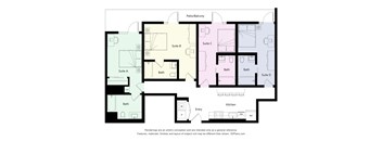 A floor plan of a four-suite apartment with a kitchen and bathrooms.