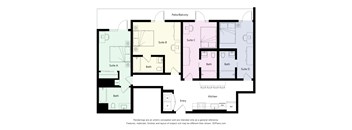 A floor plan of a four-suite apartment with a kitchen and bathrooms.