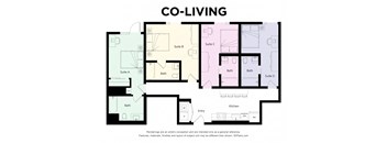 A floor plan of a co-living space with four suites and a kitchen.