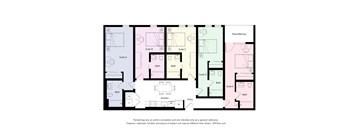 A floor plan of an apartment with five suites, each with a bathroom, and a kitchen in suite C.