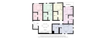 A floor plan of an apartment complex with Suite A, Suite B, Suite C, Suite D, and Suite E, each with their own bathrooms and kitchens.