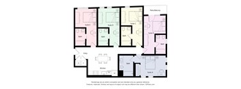 A floor plan of an apartment complex with Suites A through E, each with their own bathrooms, and a shared kitchen and entry way.