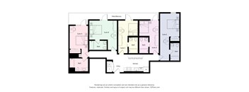 A floor plan of a building with five suites and a kitchen.