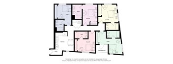 A floor plan of an apartment complex with Suites A through E, each with a kitchen, bath, and other rooms.