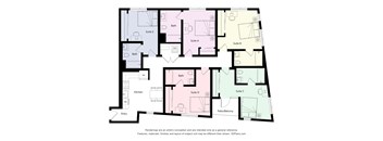 A floor plan of an apartment complex with Suites A through E, each with a kitchen, bath, and other rooms.
