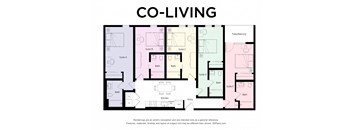 A floor plan of a co-living apartment with five suites and a patio.