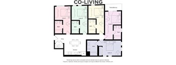 A floor plan of a co-living apartment with five suites and a kitchen.
