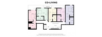 A floor plan for a co-living space with five suites and a kitchen.