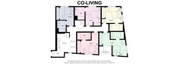 A floor plan of a co-living apartment with six suites.