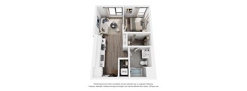 A 3D floor plan of a small apartment with a kitchen, living room, and bathroom.
