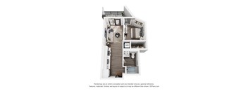 A 3D floor plan of a house with a kitchen, living room, and bathroom.