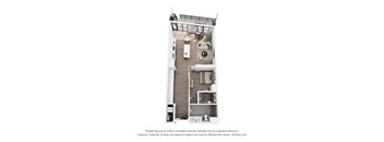 A 3D floor plan of a small apartment with a kitchen, living room, and bathroom.