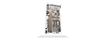 A 3D floor plan of a small apartment with a kitchen, living room, and bathroom.