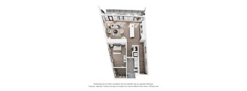 A 3D floor plan of a house with a kitchen, living room, and two bedrooms.