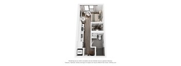 A 3D floor plan of a small apartment with a kitchen, living room, and bathroom.