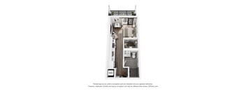 A floor plan of a small apartment with a kitchen, living room, and bathroom.