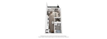 A floor plan of a small apartment with a kitchen, living room, and bathroom.