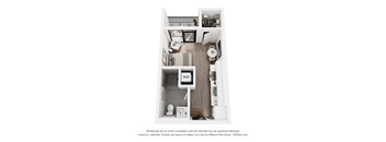 A 3D floor plan of a small apartment with a kitchen, living room, and bathroom.