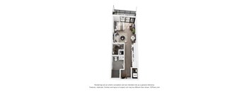 A 3D floor plan of a small apartment with a kitchen, living room, and bathroom.