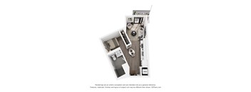 A 3D floor plan of a small apartment with a kitchen, living room, and bathroom.