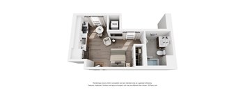 A 3D floor plan of a small apartment with a kitchen, living room, and bathroom.