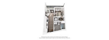 A 3D floor plan of a small apartment with a kitchen, living room, and bathroom.