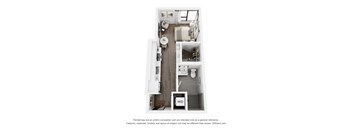 A floor plan of a house with a kitchen, living room, and bathroom.