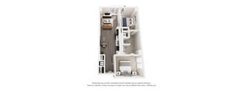 A 3D floor plan of a small apartment with a kitchen, bathroom, and living room.
