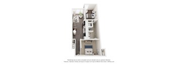 A 3D floor plan of a small apartment with a kitchen, living room, and bathroom.
