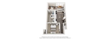 A 3D floor plan of a small apartment with a kitchen, bathroom, and living room.
