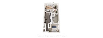 A floor plan of a small apartment with a kitchen, living room, and bathroom.