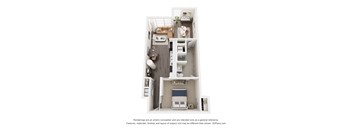A 3D floor plan of a small apartment with a kitchen, living room, and bathroom.
