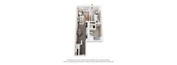 A 3D floor plan of a small apartment with a kitchen, living room, and bathroom.