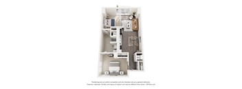 A 3D floor plan of a small apartment with a kitchen, living room, and bathroom.
