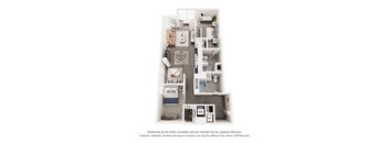 A 3D floor plan of a small apartment with a kitchen, living room, and bathroom.