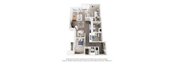 A 3D floor plan of a small apartment with a kitchen, living room, and bathroom.