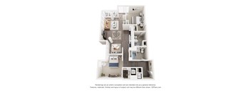 A 3D floor plan of a small apartment with a kitchen, living room, and bathroom.